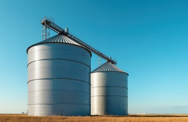 Obraz premium Two large metal grain silos stand on a dry grass field under a clear blue sky. Conveyor belt connects the top of the structures. Farm storage facility in countryside.