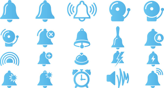 Collection of blue bell and alarm icons representing notifications, alerts and sounds.