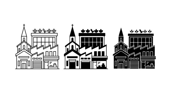 Set of 3 Industrial Building Icons, Factory and Church Silhouettes, Urban Architecture Vector Graphics