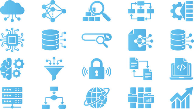 Data science and big data icons depicting analysis processing connectivity security and machine learning algorithms.