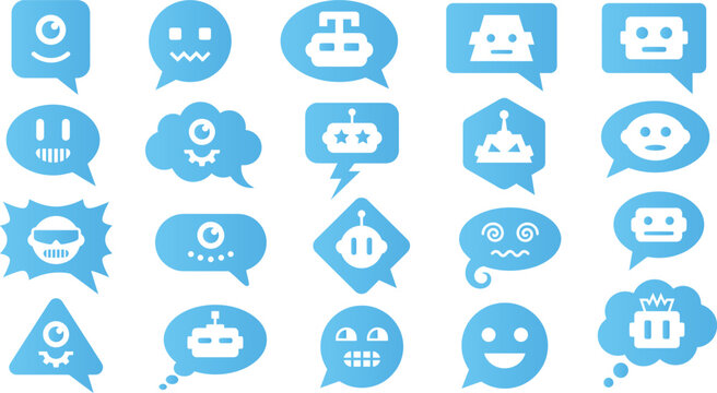 Set of blue chat bubbles with robot and emoji faces icons in flat design style.