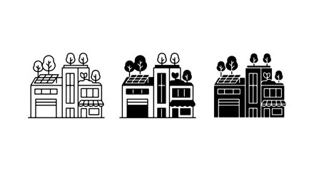 Naklejka premium Eco-friendly building icons, sustainable architecture vector set, green urban design elements, renewable energy concept illustrations