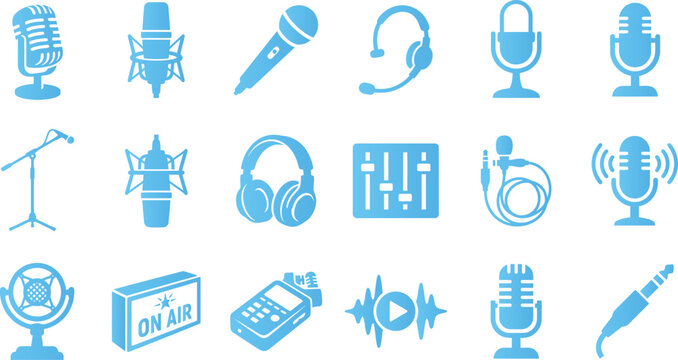 Audio equipment and recording icon set featuring microphones headphones sound mixer and broadcast studio voice components.