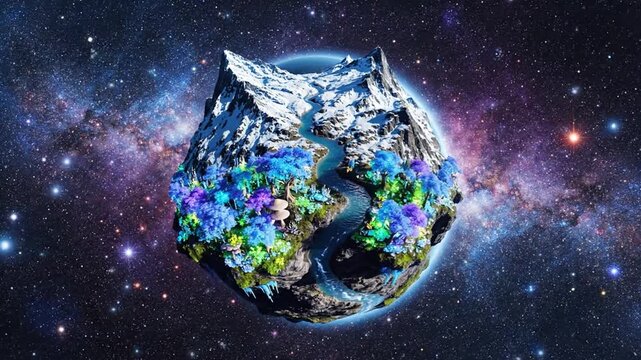 Fantasy mini planet with mountains and colorful forest in space