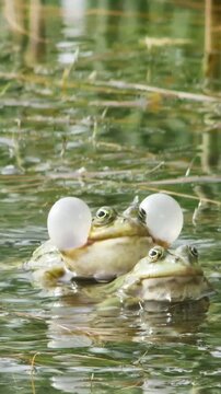 Vertical shot of frogs displaying territorial and mating aggression, featuring loud calls and active movement.
