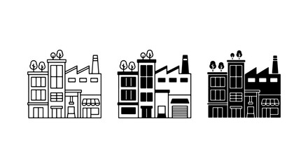 Naklejka premium Industrial Building Icons, Factory Facades, Urban Architecture Vector Set