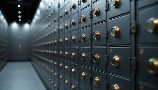 Row of gray metal safe deposit boxes in bank vault. Secure lockers with brass handles and keyholes line wall. Storage units provide financial safety and protection.
