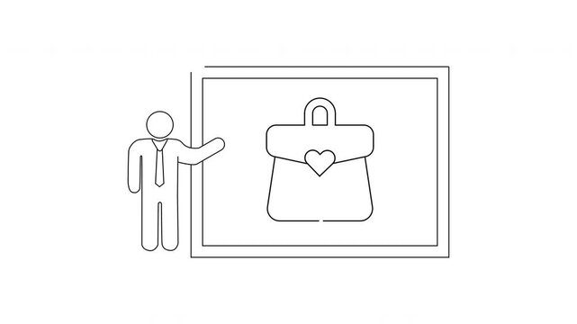 Man presenting a briefcase with a heart symbol on a screen.
