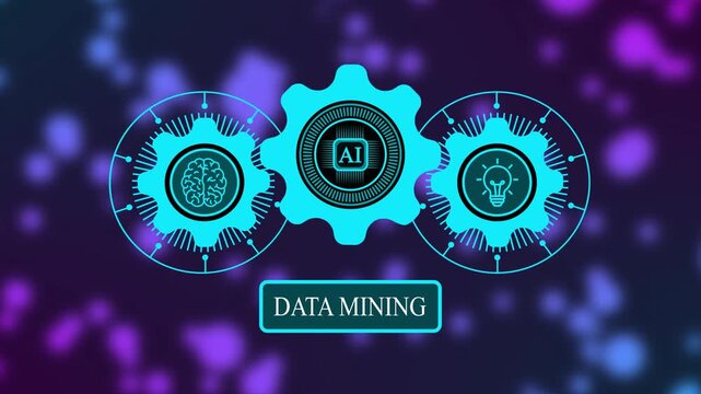 Data mining motion graphics concept with animated AI gears, brain, and light bulb icons for big data analysis and artificial intelligence technology.