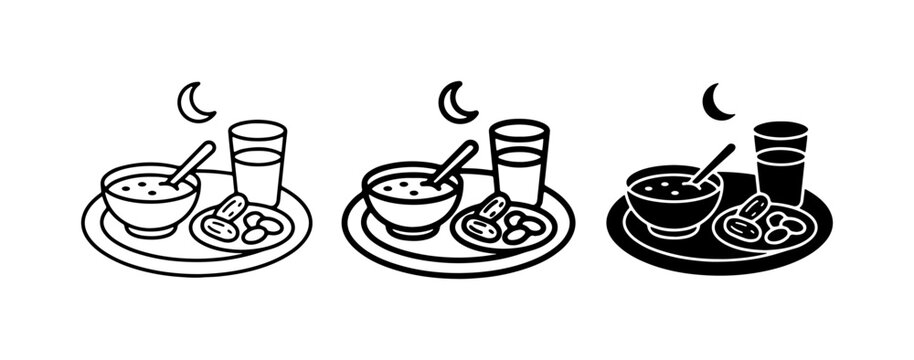 Ramadan Iftar Meal Icons, Dates, Soup, Water, Crescent Moon, Islamic Tradition Food