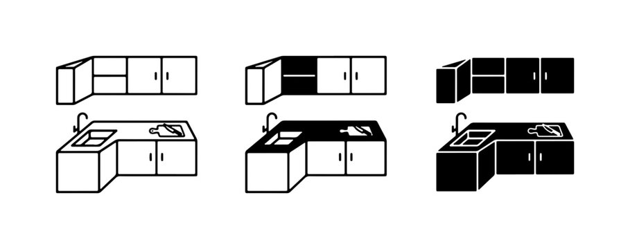 Kitchen Cabinet Icons, L-Shaped Countertops, Sink, Stove, and Storage Units, Set of 3 Vector Illustrations for Interior Design and Renovation Concepts