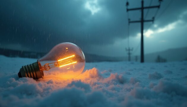 Glowing light bulb in snow during storm. Power pole in distance. Represents hope, resilience, and bright ideas overcoming adversity. Represents innovation during hardship.