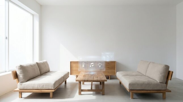 Modern minimalist living room with two beige couches and wooden coffee table by large window.