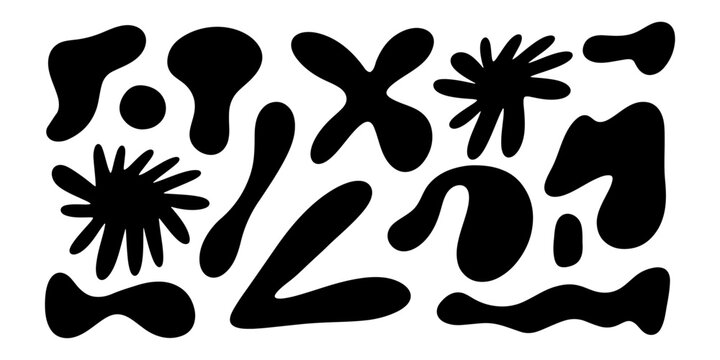 Abstract organic shapes set in minimal memphis style. Modern black blob forms, fluid graphic elements and contemporary aesthetic symbols for branding, posters, packaging and social media vector