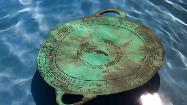 Ancient weathered bronze disk with green patina submerged under clear blue water with shimmering sunlight ripples for discovery of lost history concept and marine archaeology