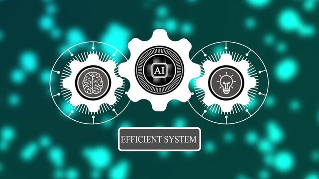 Efficient system motion graphics concept with animated AI gears, brain, and light bulb icons for artificial intelligence and optimized technology workflow.