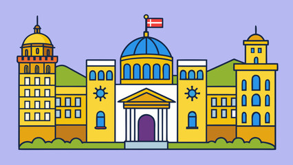 Fototapeta premium Colorful cartoon government building, city hall illustration, municipal architecture, public administration vector