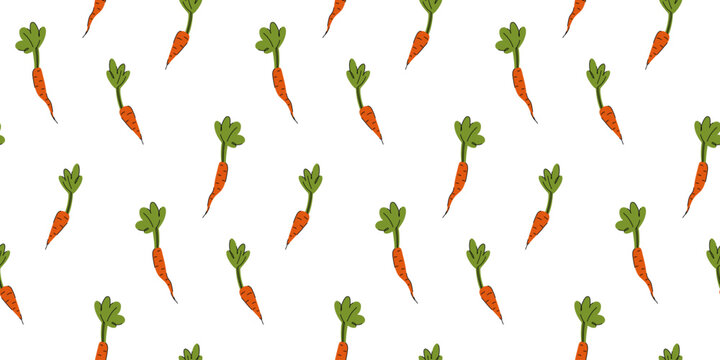 Seamless floral pattern with small carrots on a white background in doodle style, local market products, farm decoration materials