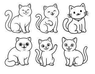 Set of cute cartoon cats vector illustrations, kawaii kitten outline drawings for kids coloring page, simple black and white feline character icons on white background © Illustor Pro