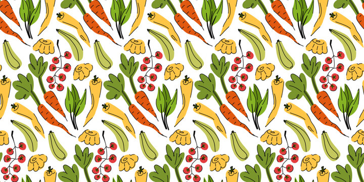 A rich, vibrant pattern featuring farm-fresh young crops for local markets, packaging, paper, and fabric. Seamless Pattern with Hand-Drawn Vegetables