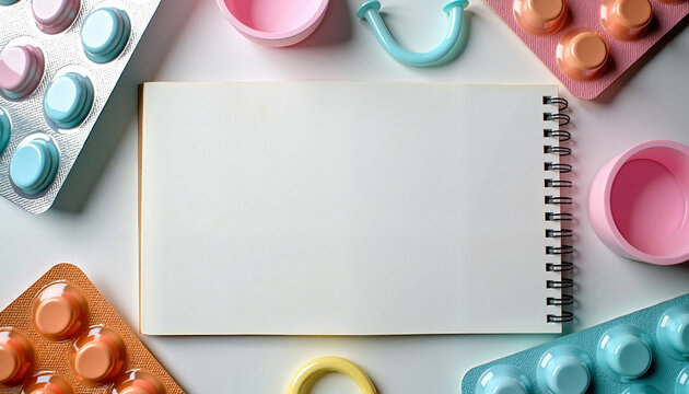 Problem solving and methods of contraception in the modern world, blank notebook with contraceptive pills on pastel background with copy space