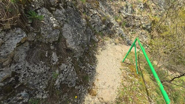 Stone path winds down forested slope. Mount Ozren, Sokobanja, Serbia