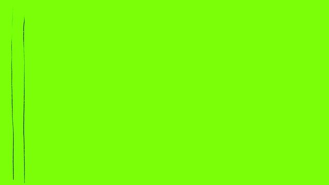 Animated hand drawn vertical lines appearing and disappearing in sequence on green background. Minimal abstract looping pattern with rhythmic motion for overlays, motion graphics and video editing