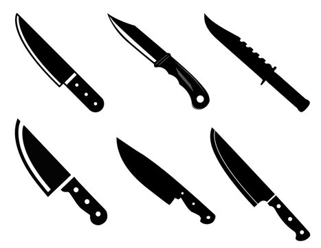 Set of diverse knife silhouettes including kitchen chef knives, hunting blades, and tactical combat weapons, vector icons isolated on white background