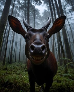A saola , Asian unicorn  genetic hybrid experiment fantasy animal, fictional species in an eternal twilight forest