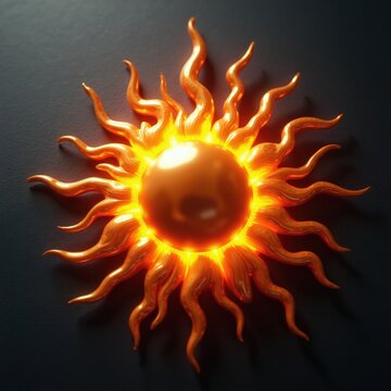 Golden sun icon with bright orange rays radiates warmth and light. Stylized 3d render graphic symbolizes energy and heat. Decorative celestial object glows.