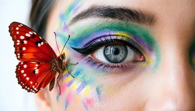 Artistic makeup with colorful butterfly, creative face painting on woman eye, vibrant rainbow eyeshadow and orange butterfly wing