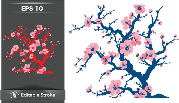 Vector pink cherry blossom tree on white background with blue branches