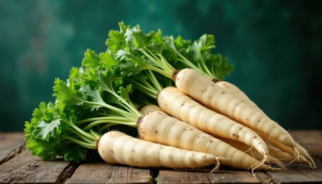 Fresh parsnip roots with green leafy tops are piled on rustic wooden planks. The pale, tapered vegetables show bits of soil from recent harvest. They are ready for cooking and eating.