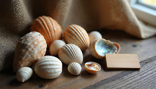 Assortment of natural seashells arranged on rustic wood surface with burlap fabric. Collection includes spiral nautilus abalone conch shapes in earthy muted tones.