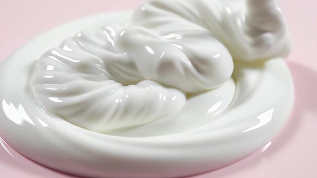 White Creamy Liquid Pouring in Smooth Swirl on Soft Pink Background
