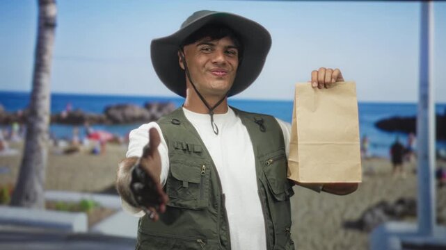 Man extending hand for a handshake while holding a paper bag and wearing a wide hat on a beach promenade street, smiling and leaning forward; cheerful welcome.
