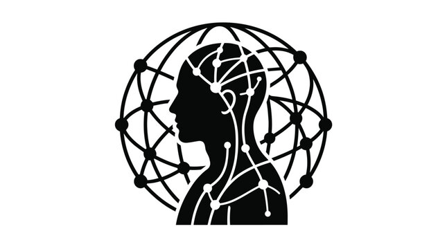 Black silhouette of a human head with neural network connections and a globe background design element