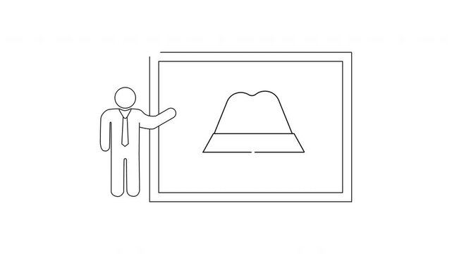 Man presenting a graph on a whiteboard with a bell curve.