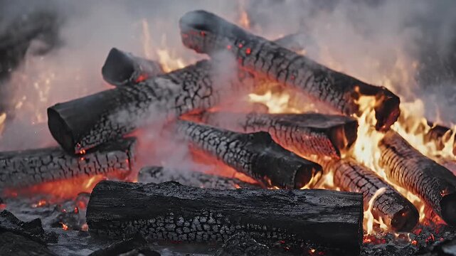 Water Pouring Over Burning Wood Creating Thick Steam and Smoke Close Up
