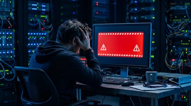 Stressed IT Analyst in Data Center Server Room facing System Failure and Ransomware Security Breach Warning
