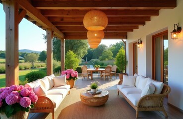 Obraz premium Inviting covered patio with rattan seating group and dining table overlooks green countryside hills. Bright sunny day with lush flower pots and woven pendant lights.
