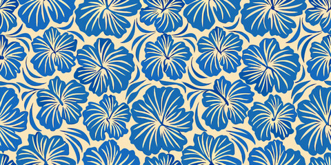 Blue hibiscus floral pattern seamless repeating design on beige © Roni