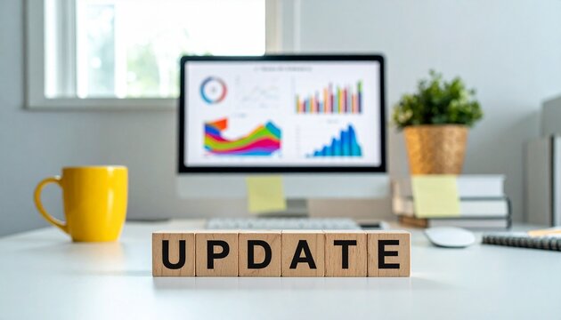 Wooden Blocks Spelling Update on Office Desk with Blurred Computer Screen Displaying Financial Data Dashboard