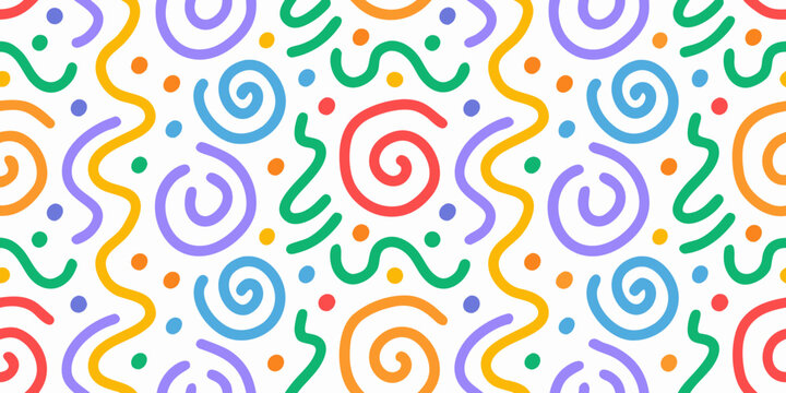 colorful doodle wave pattern with swirls and dots on white background