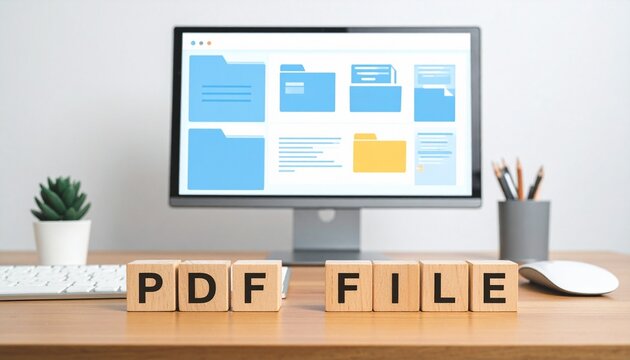 Wooden Blocks Spelling PDF File on Office Desk with Computer Displaying Folder Icon and Document Management System