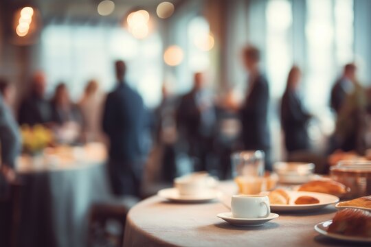Blurred breakfast networking event with professionals enjoying morning coffee, exchanging ideas, and socializing in a warm, bright, collaborative business environment.