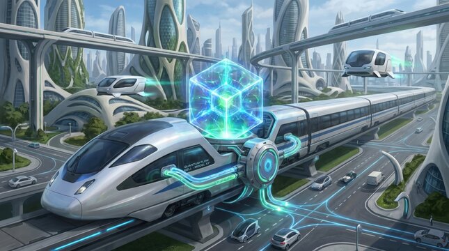 Futuristic cityscape with sleek silver bullet train, glowing blue cube, and neon-lit elevated roads.