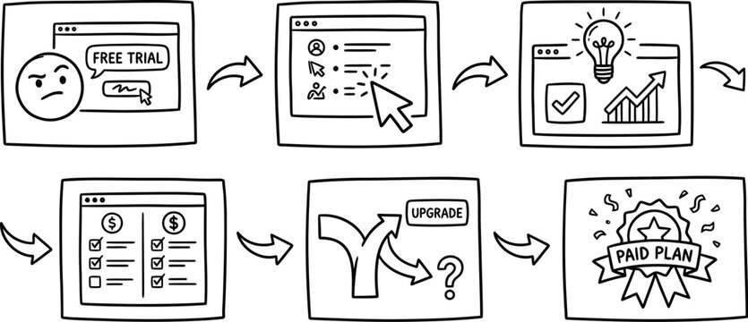 hand drawn business decision workflow illustration with free trial evaluation feature comparison strategy planning branching choices and final action sketch concept