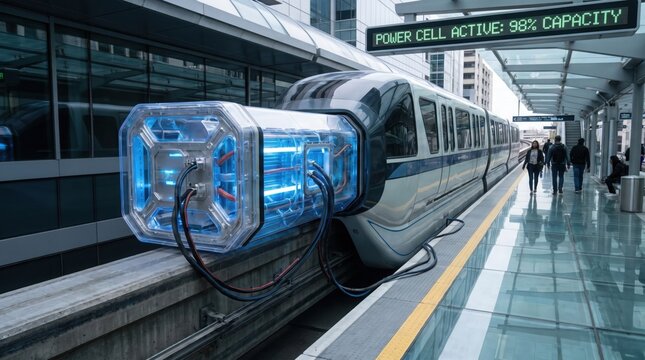 A futuristic monorail train charges at a sleek station with glowing blue power cell technology.