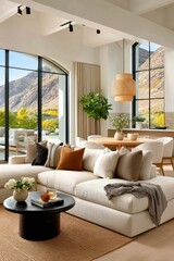 Obraz premium Bright modern interior with large L-shaped sofa, dining area and mountain view through floor-to-ceiling windows